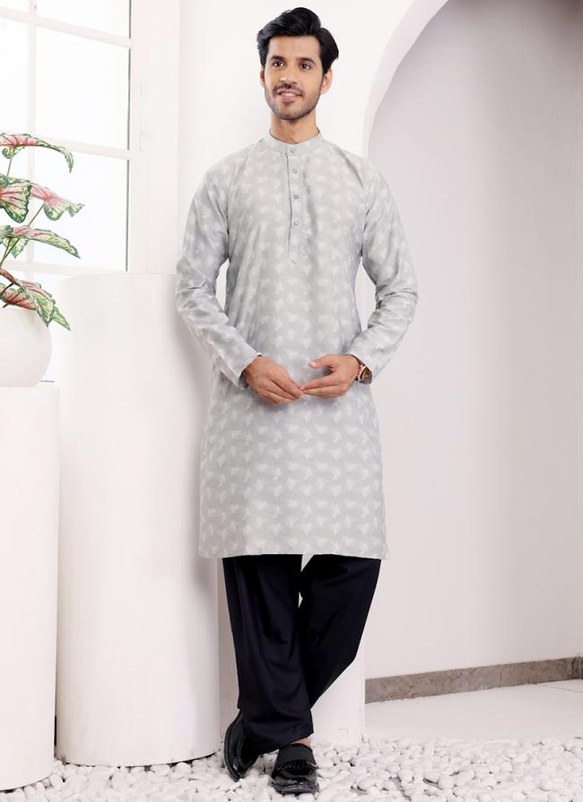 Viscose Light Grey Ceremonial Wear Weaving  Readymade Kurta